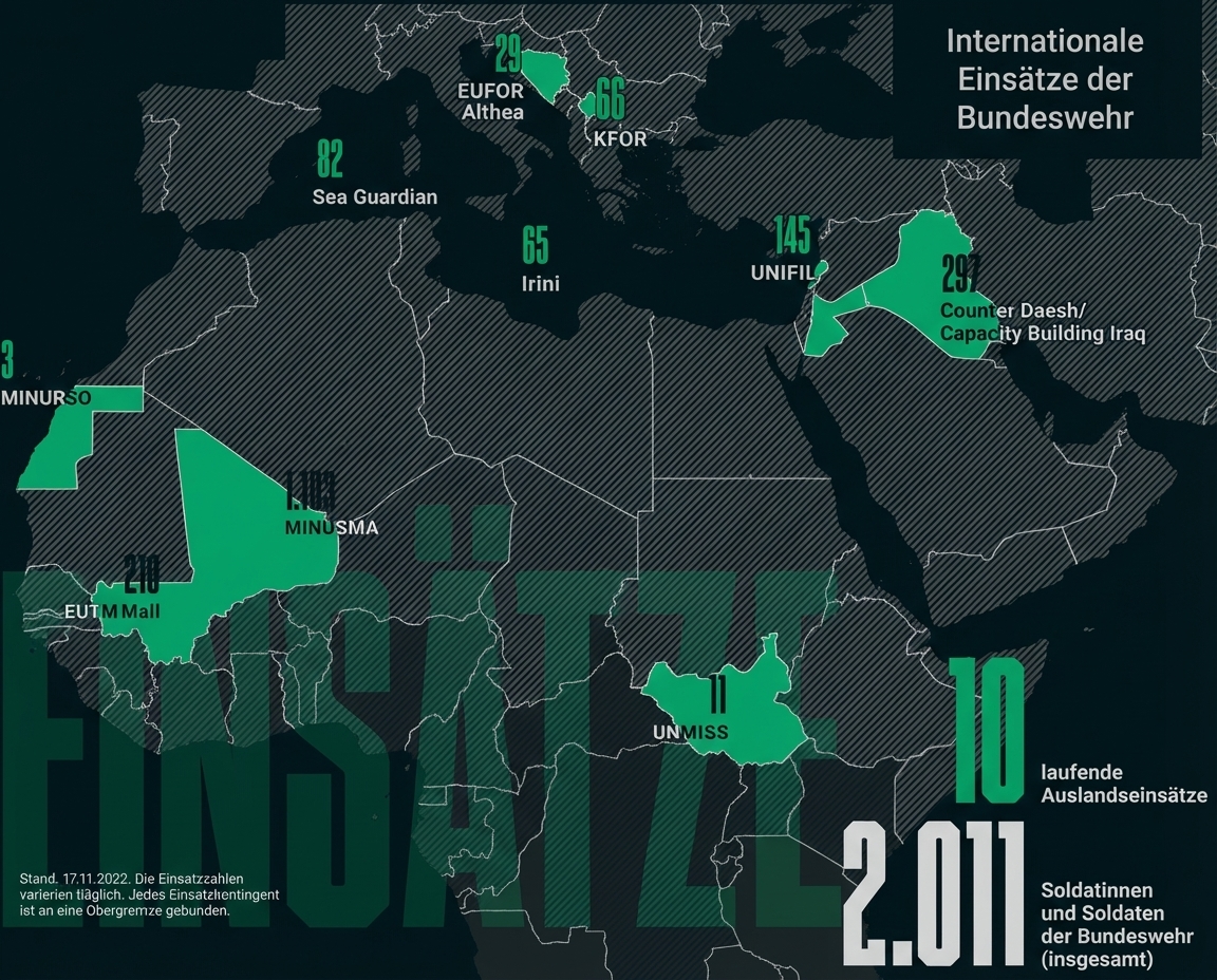 Karte mit markierten Auslandseinsätzen und Einsatzzahlen der Bundeswehr.